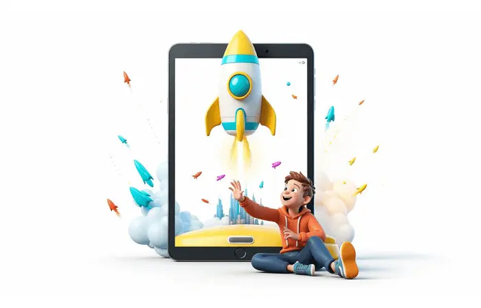Boy with Smartphone and Rocket 3D Character Design Illustration